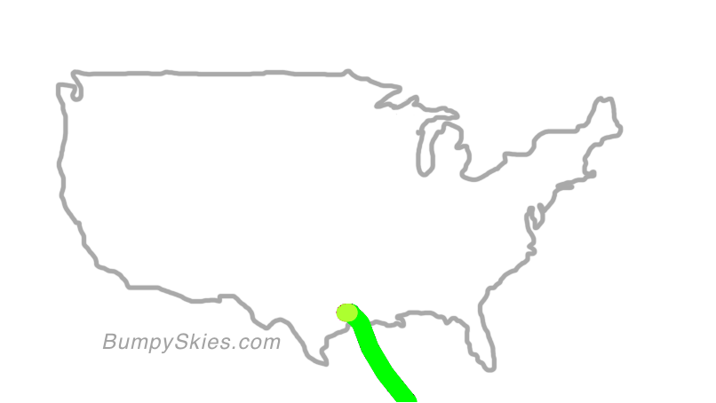 Map of continental US with illustrated flight path and turbulence forecast (described in text below)