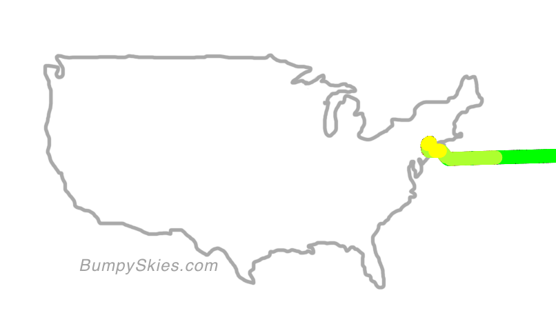 Map of continental US with illustrated flight path and turbulence forecast (described in text below)