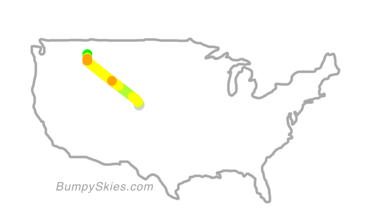 Map of continental US with illustrated flight path and turbulence forecast (described in text below)