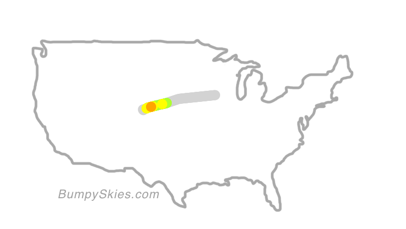 Map of continental US with illustrated flight path and turbulence forecast (described in text below)
