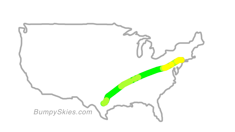 Map of continental US with illustrated flight path and turbulence forecast (described in text below)