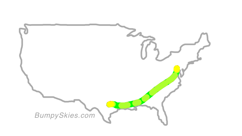 Map of continental US with illustrated flight path and turbulence forecast (described in text below)