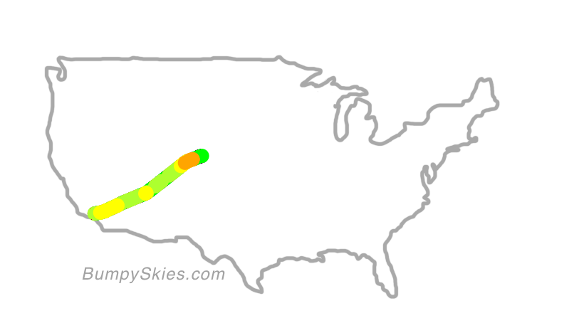 Map of continental US with illustrated flight path and turbulence forecast (described in text below)