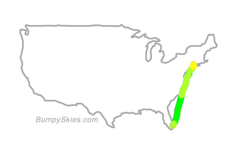 Map of continental US with illustrated flight path and turbulence forecast (described in text below)