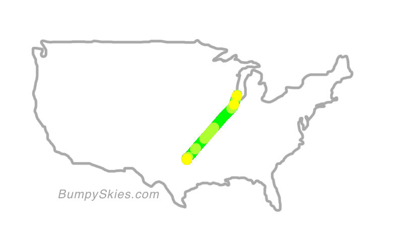 Map of continental US with illustrated flight path and turbulence forecast (described in text below)