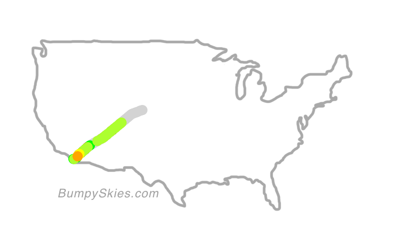 Map of continental US with illustrated flight path and turbulence forecast (described in text below)
