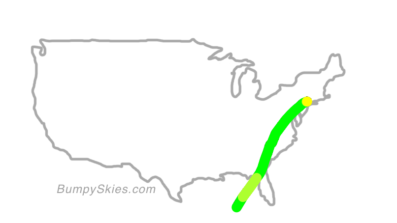 Map of continental US with illustrated flight path and turbulence forecast (described in text below)
