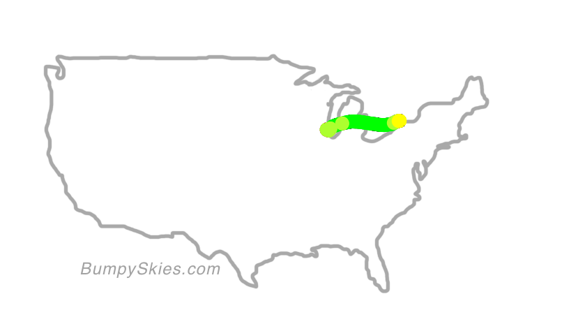 Map of continental US with illustrated flight path and turbulence forecast (described in text below)