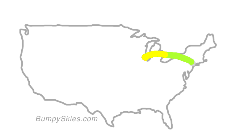 Map of continental US with illustrated flight path and turbulence forecast (described in text below)