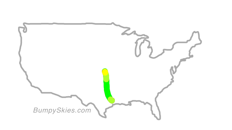 Map of continental US with illustrated flight path and turbulence forecast (described in text below)