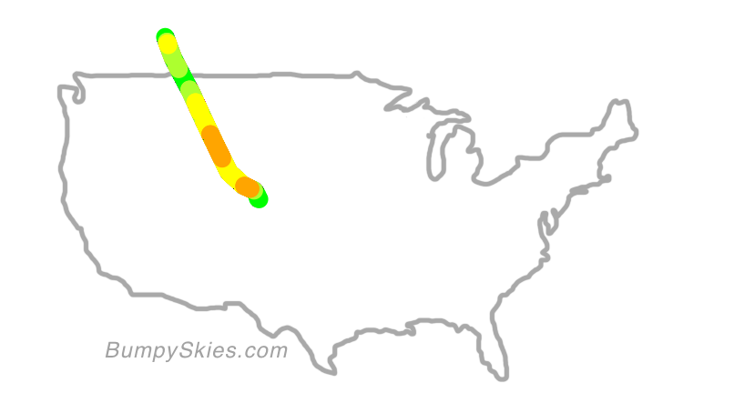 Map of continental US with illustrated flight path and turbulence forecast (described in text below)