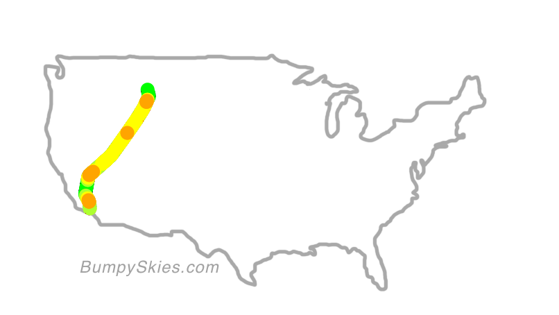 Map of continental US with illustrated flight path and turbulence forecast (described in text below)
