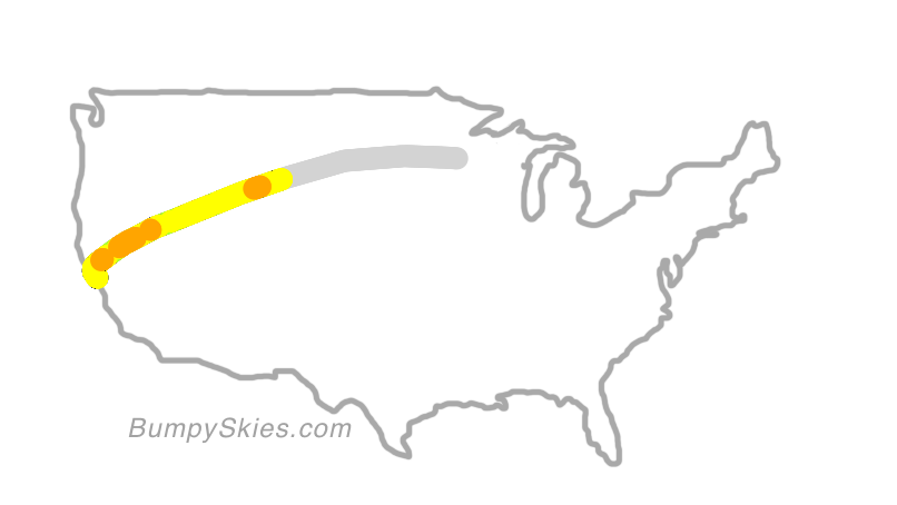 Map of continental US with illustrated flight path and turbulence forecast (described in text below)