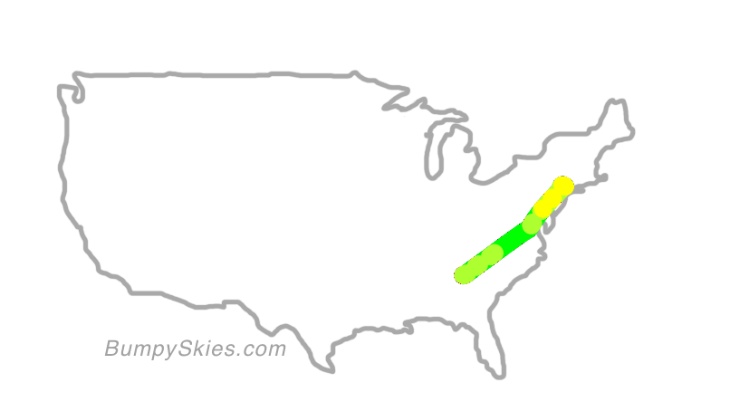 Map of continental US with illustrated flight path and turbulence forecast (described in text below)