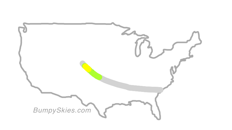 Map of continental US with illustrated flight path and turbulence forecast (described in text below)