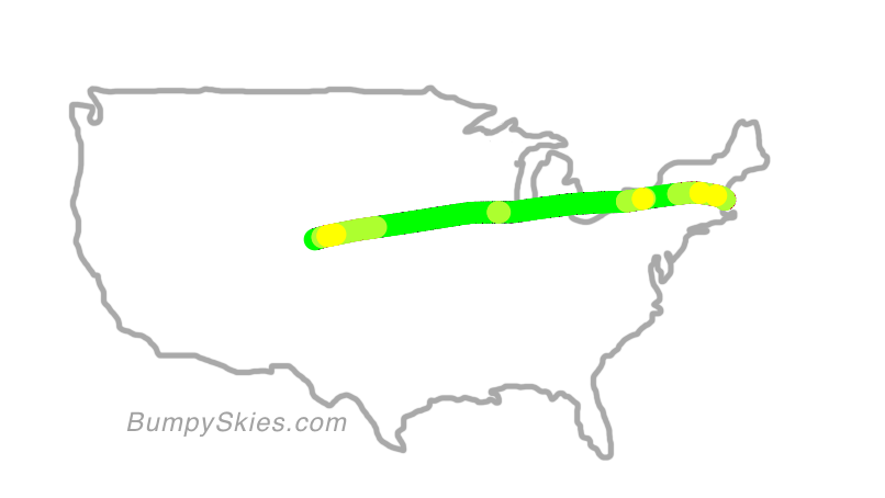 Map of continental US with illustrated flight path and turbulence forecast (described in text below)