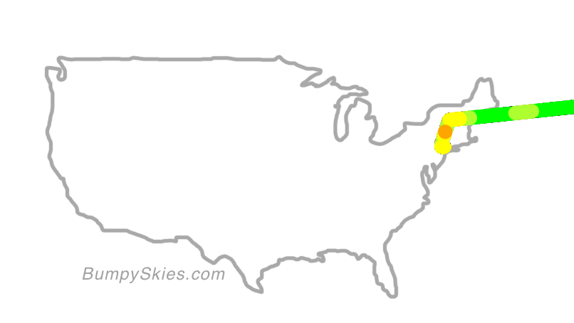 Map of continental US with illustrated flight path and turbulence forecast (described in text below)