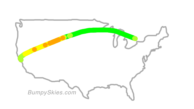Map of continental US with illustrated flight path and turbulence forecast (described in text below)