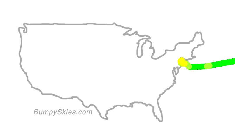 Map of continental US with illustrated flight path and turbulence forecast (described in text below)