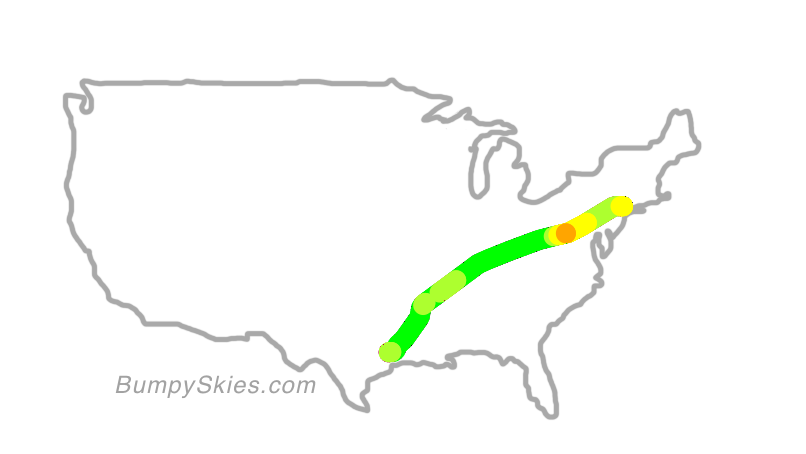 Map of continental US with illustrated flight path and turbulence forecast (described in text below)