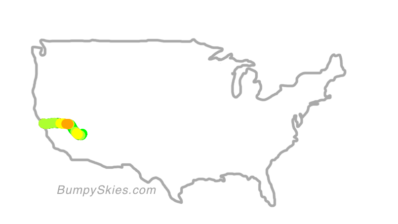 Map of continental US with illustrated flight path and turbulence forecast (described in text below)