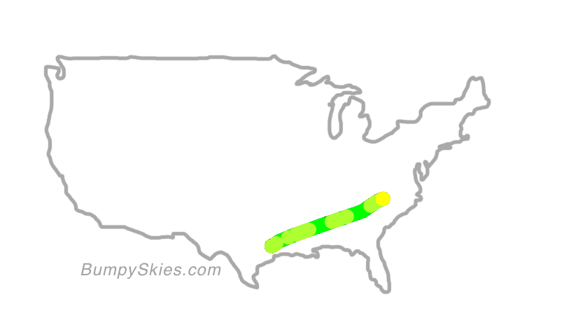 Map of continental US with illustrated flight path and turbulence forecast (described in text below)