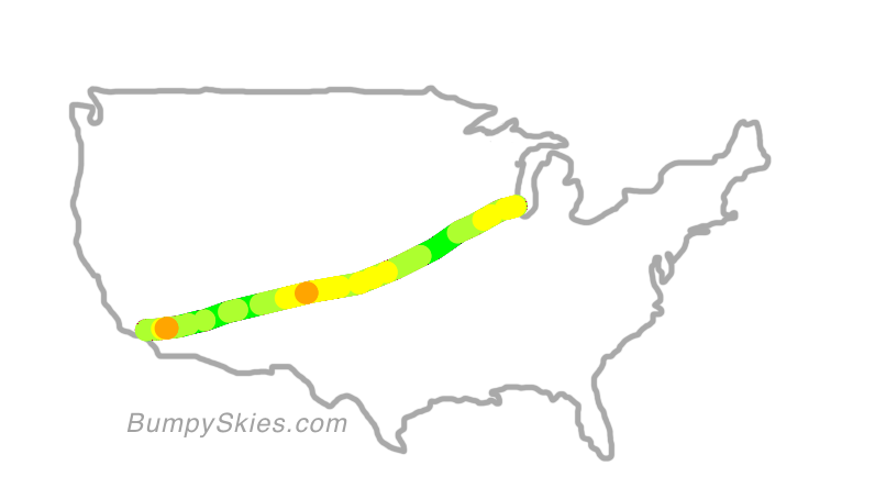 Map of continental US with illustrated flight path and turbulence forecast (described in text below)
