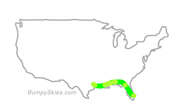 Map of continental US with illustrated flight path and turbulence forecast (described in text below)