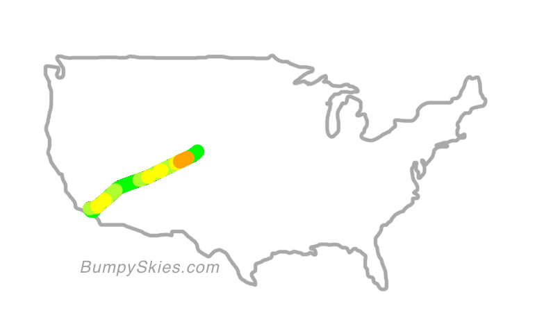 Map of continental US with illustrated flight path and turbulence forecast (described in text below)
