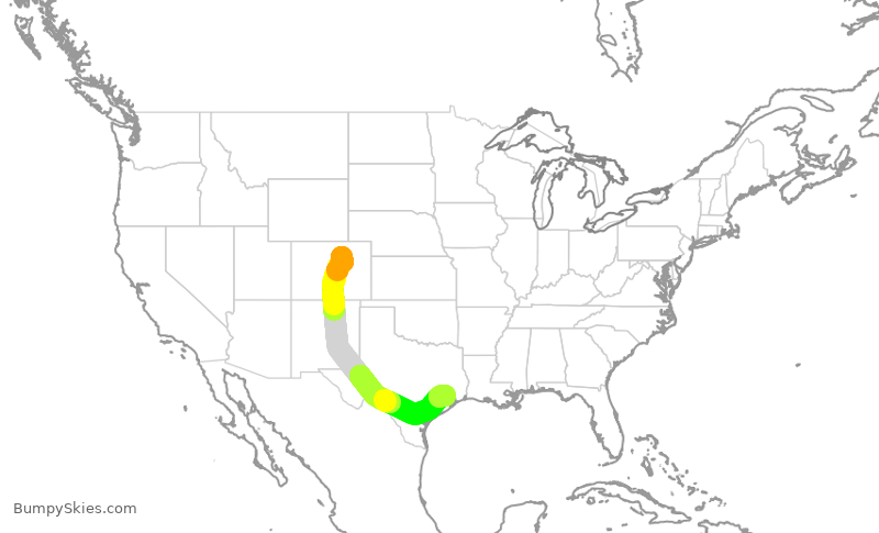 Map of continental US with illustrated flight path and turbulence forecast (described in text below)