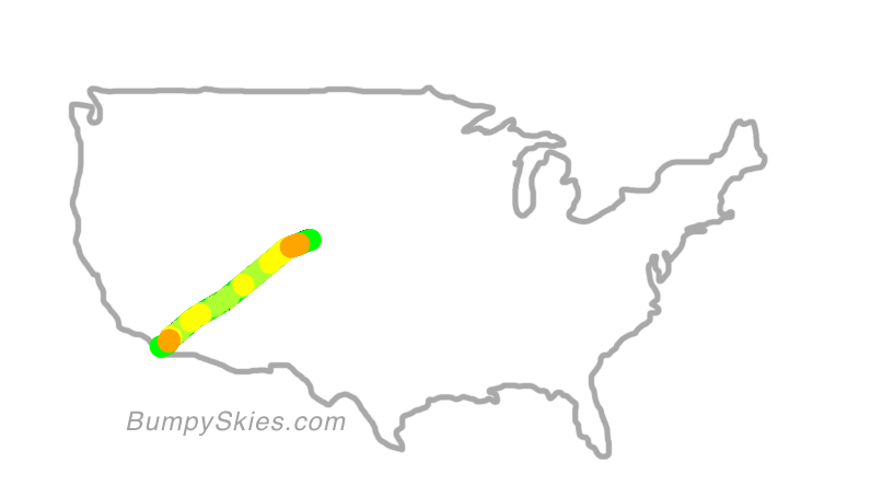 Map of continental US with illustrated flight path and turbulence forecast (described in text below)