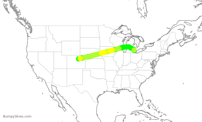 Turbulence forecast map for UAL596, DEN to DTW