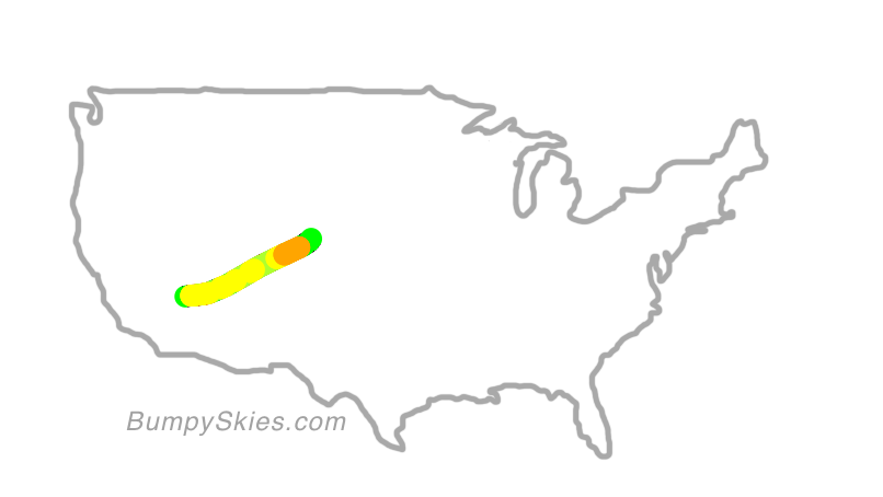 Map of continental US with illustrated flight path and turbulence forecast (described in text below)