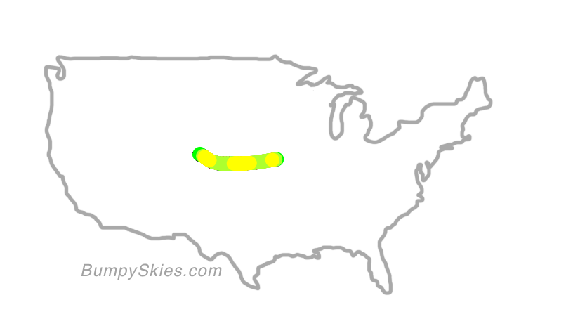 Map of continental US with illustrated flight path and turbulence forecast (described in text below)