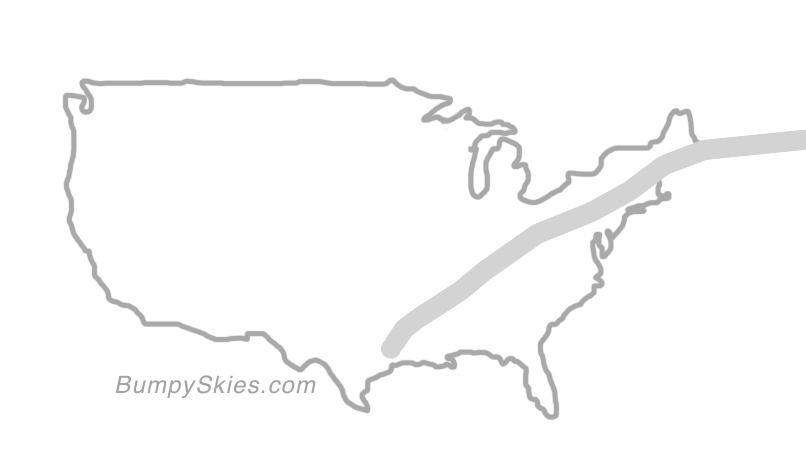 Map of continental US with illustrated flight path and turbulence forecast (described in text below)