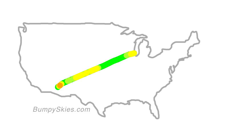 Map of continental US with illustrated flight path and turbulence forecast (described in text below)