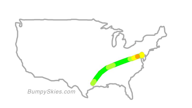 Map of continental US with illustrated flight path and turbulence forecast (described in text below)