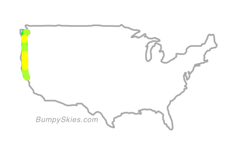 Map of continental US with illustrated flight path and turbulence forecast (described in text below)