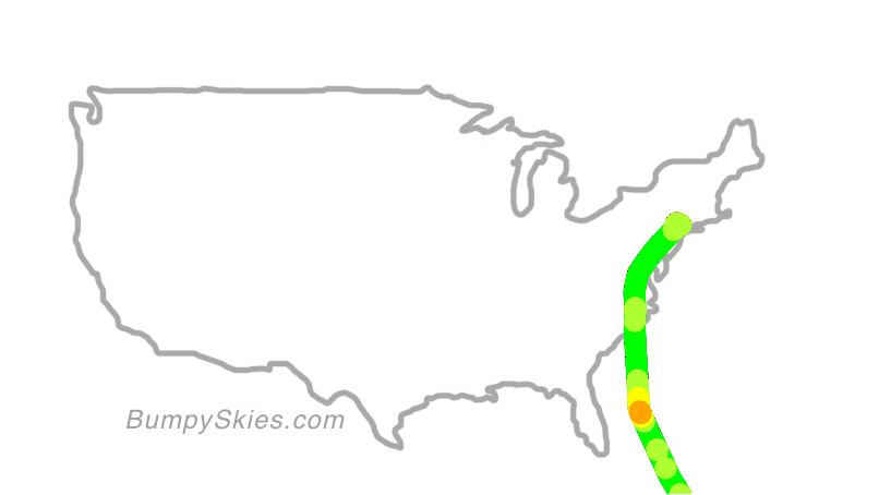Map of continental US with illustrated flight path and turbulence forecast (described in text below)