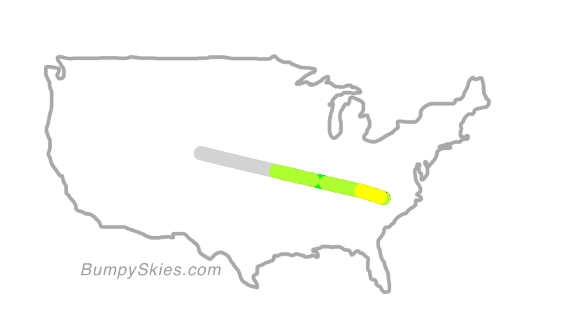 Map of continental US with illustrated flight path and turbulence forecast (described in text below)