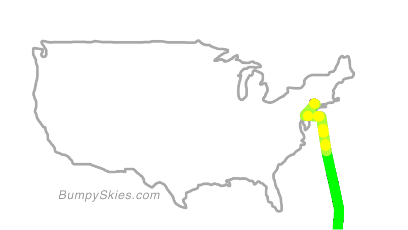 Map of continental US with illustrated flight path and turbulence forecast (described in text below)
