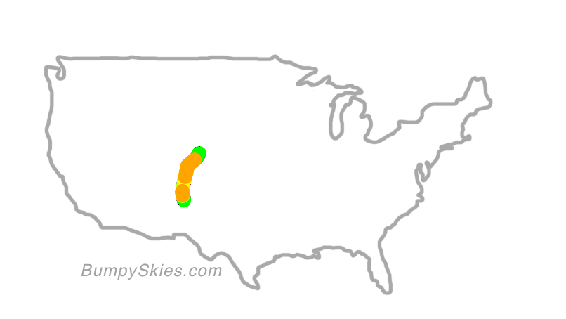 Map of continental US with illustrated flight path and turbulence forecast (described in text below)