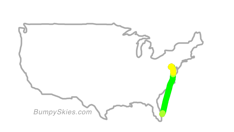 Map of continental US with illustrated flight path and turbulence forecast (described in text below)