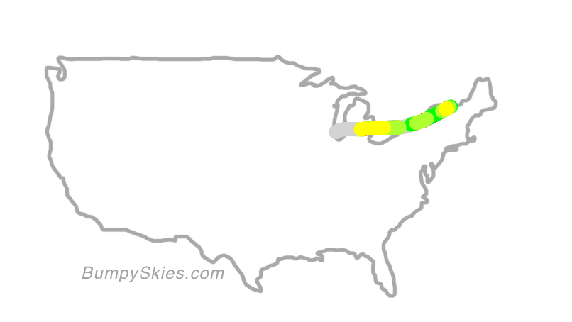 Map of continental US with illustrated flight path and turbulence forecast (described in text below)