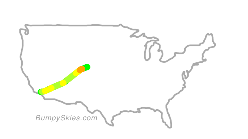 Map of continental US with illustrated flight path and turbulence forecast (described in text below)