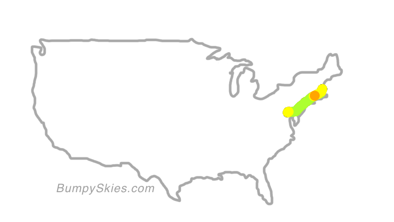 Map of continental US with illustrated flight path and turbulence forecast (described in text below)