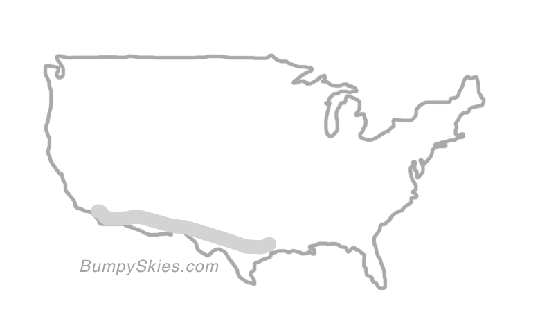 Map of continental US with illustrated flight path and turbulence forecast (described in text below)