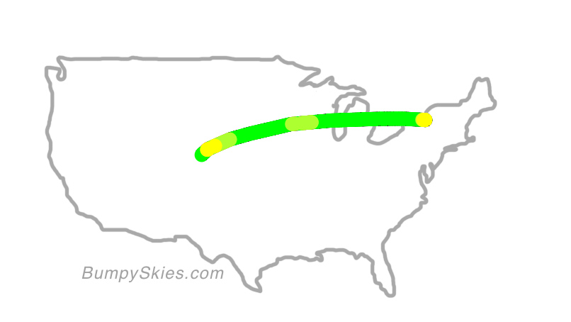 Map of continental US with illustrated flight path and turbulence forecast (described in text below)