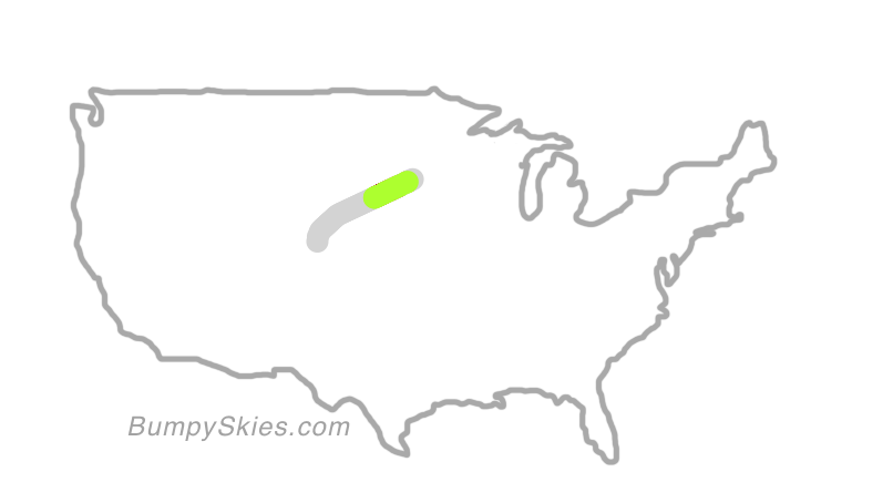 Map of continental US with illustrated flight path and turbulence forecast (described in text below)