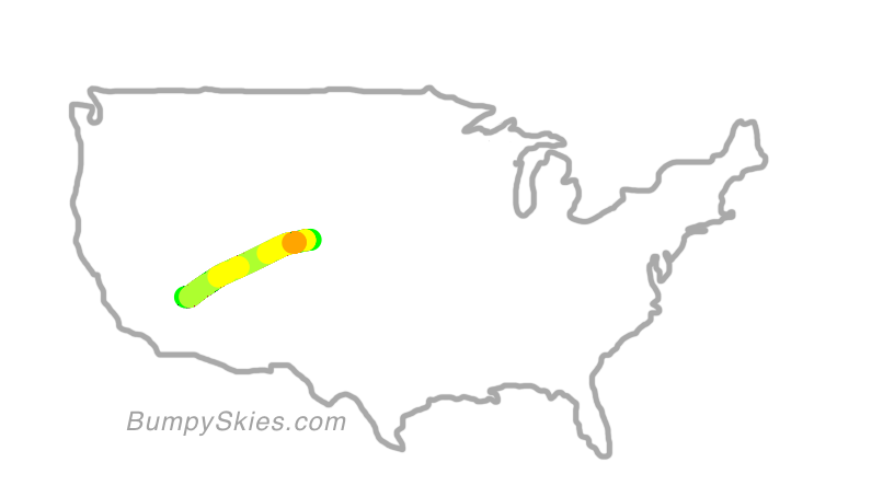 Map of continental US with illustrated flight path and turbulence forecast (described in text below)